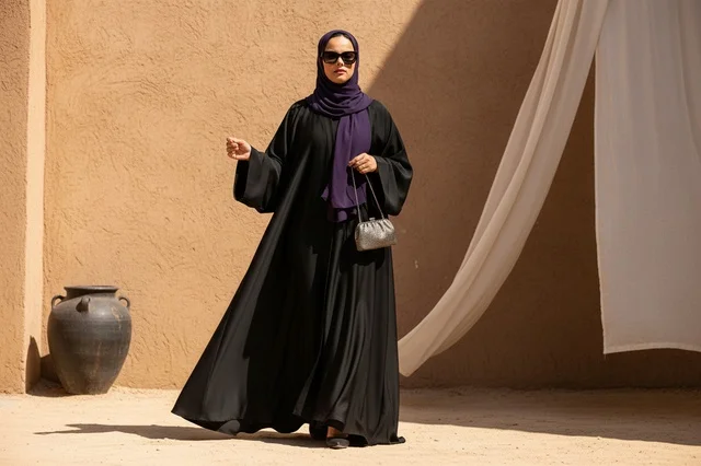 امرأة إماراتية بالعباءة السوداء في موقع صحراوي تقليدي