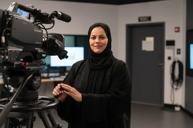 مخرجة إماراتية مع كاميرا في استوديو تلفزيوني