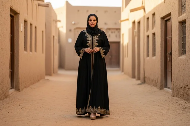 امرأة إماراتية بالعباءة التقليدية في موقع تراثي