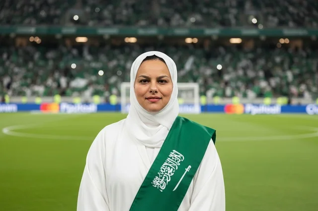 Saudi Woman in Abaya with Flag Sash at Stadium
