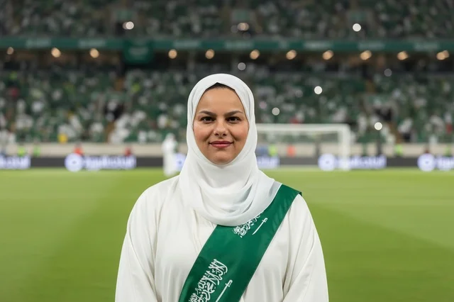 Saudi Woman in Football Stadium with National Sash