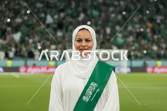 Saudi Woman in National Sash at Football Stadium