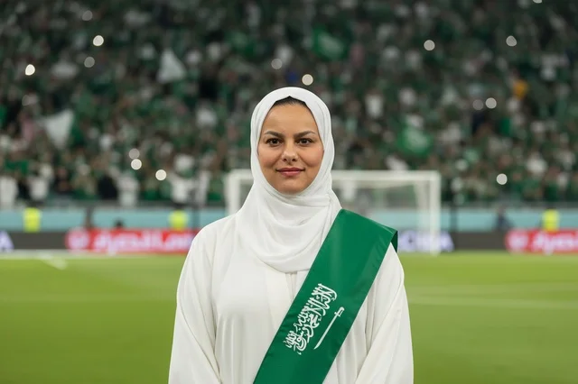 Saudi Woman in National Sash at Football Stadium