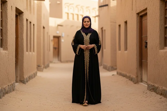 Emirati Woman in Traditional Abaya at Heritage Site
