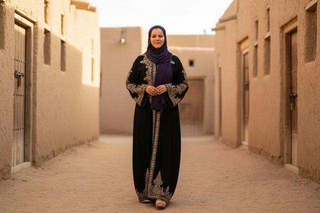 Saudi Woman in Traditional Abaya at Mud Brick Village