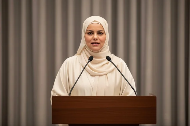 امرأة إماراتية تتحدث خلف المنبر بالعباية الرسمية