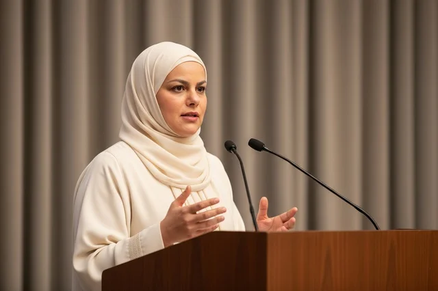 امرأة عربية محجبة تتحدث خلف منصة في مؤتمر