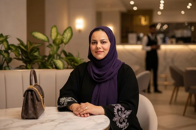 امرأة إماراتية بالعباية تجلس في مقهى حديث