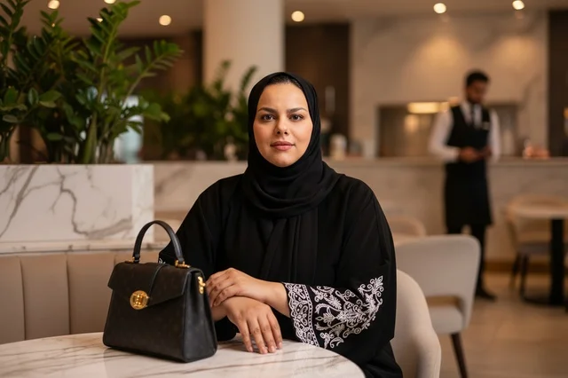 Emirati Woman in Black Abaya at Indoor Restaurant