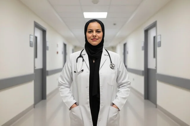 Arab Female Physician in Hijab at Hospital Corridor