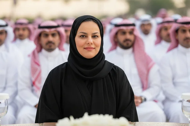 Saudi Woman in Black Abaya with Men in Thobes
