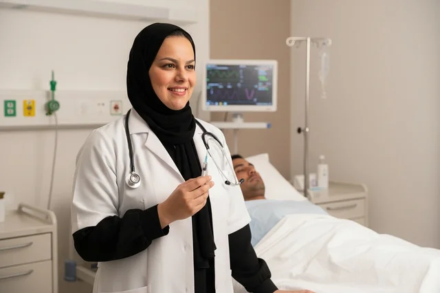 Arab Female Doctor in Hospital Room with Patient Arab Female Doctor in Hospital Room with Patient