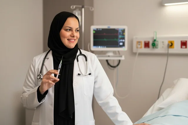 Arab Female Doctor in Hijab Holding Syringe in Hospital