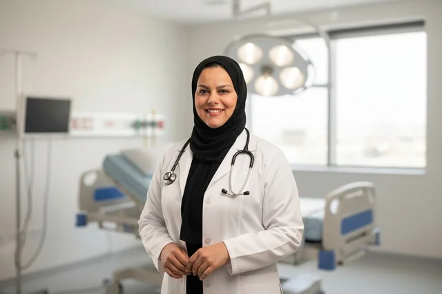 طبيبة عربية بالحجاب داخل غرفة مستشفى حديثة
