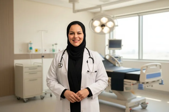 Female Arab Doctor in Hijab and Lab Coat at Hospital