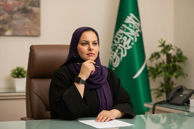 Saudi Business Woman in Office with National Flag