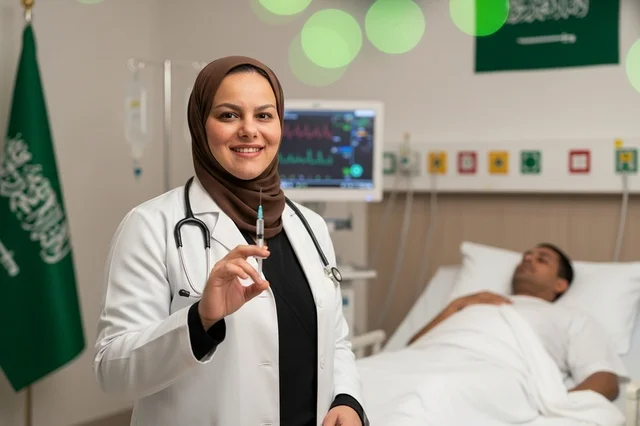Saudi Female Doctor with Syringe in Hospital