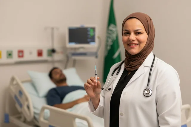 Saudi Female Physician Holding Syringe in Hospital