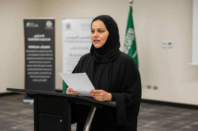 Saudi Woman Giving Speech at Podium Indoors