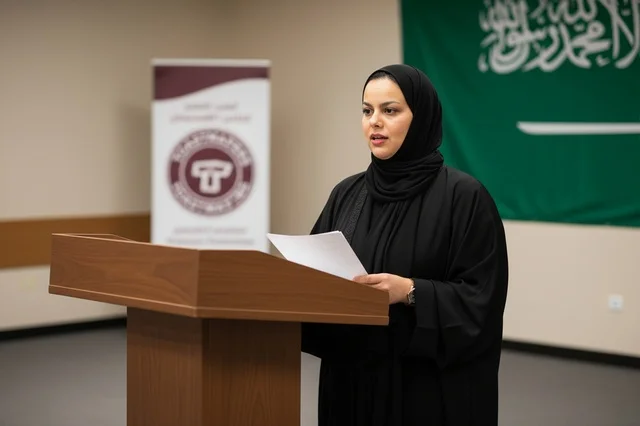 سيدة سعودية تلقي كلمة رسمية أمام العلم الوطني