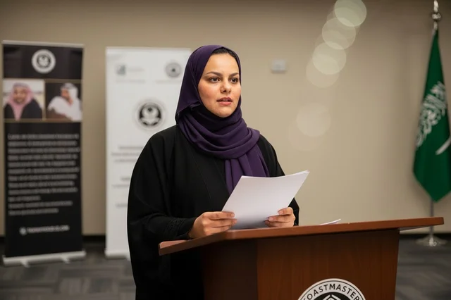 امرأة سعودية تلقي خطاباً من خلف منصة مع العلم
