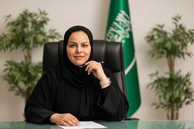 سيدة أعمال سعودية في مكتب عمل بالعباءة والحجاب والعلم