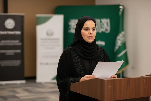سيدة سعودية تلقي كلمة رسمية خلف منصة الخطاب في مؤتمر