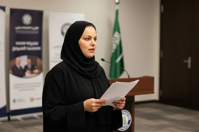 A veiled Arab businesswoman is giving a presentation.