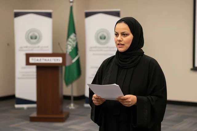 امرأة سعودية تتحدث خلف منصة بالعباءة