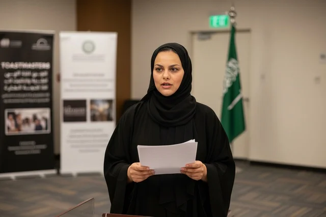 امرأة سعودية بالعباءة تتحدث في فعالية مهنية