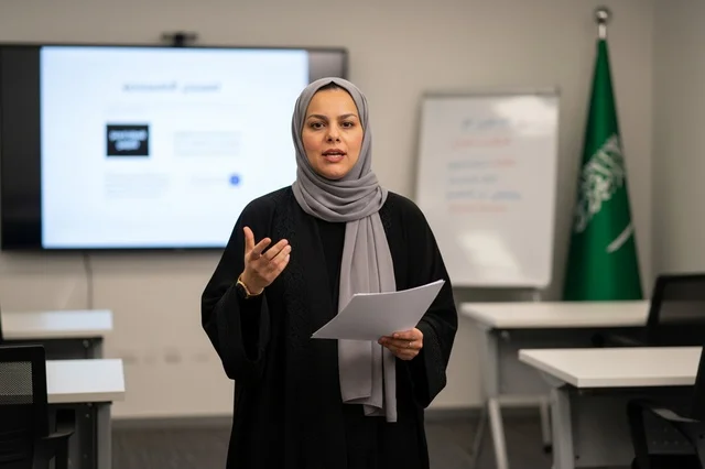 سيدة أعمال سعودية تقدم عرضاً تقديمياً في مكتب