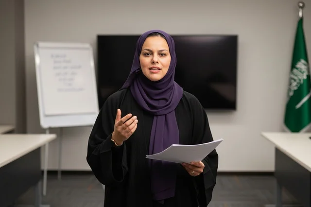 امرأة سعودية بزي مهني تلقي خطاباً في مكتب حديث