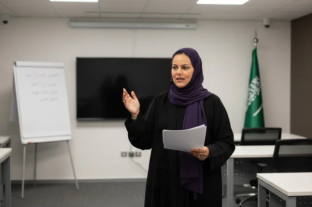 سيدة أعمال سعودية تقدم عرضاً في مكتب حديث
