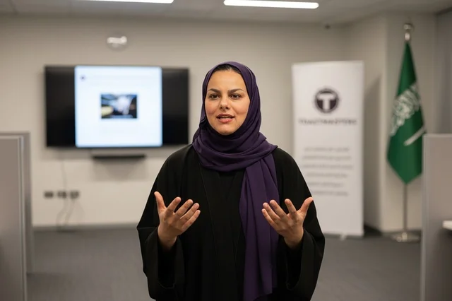 امرأة سعودية تلقي عرضاً تقديمياً في مكتب بالعباية