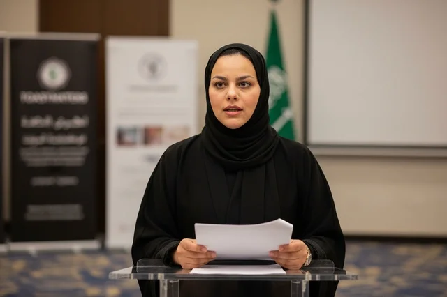 امرأة سعودية بالعباءة تلقي خطاباً على المنصة
