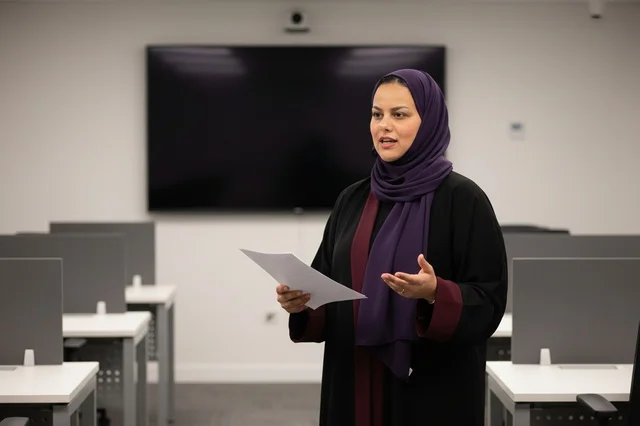 Emirati Woman in Abaya Giving Presentation in Lab