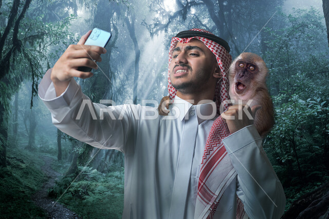صورة لسائح عربي خليجي سعودي يقوم بالتقاط صورة تذكارية من خلال الهاتف المحمول في سفاري الرياض ، كاميرا امامية، استكشاف الحياة البرية  , فعاليات موسم الرياض , رحلة الى محميات طبيعية ,أنشطة ترفيهية سياحية , قضاء أوقات ممتعة في الإجازة الصيفية .