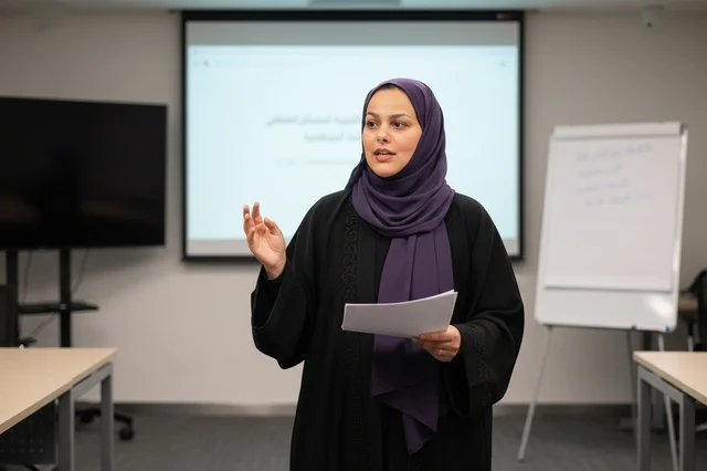 امرأة عربية بالعباءة تقدم عرضاً توضيحياً في قاعة تدريب