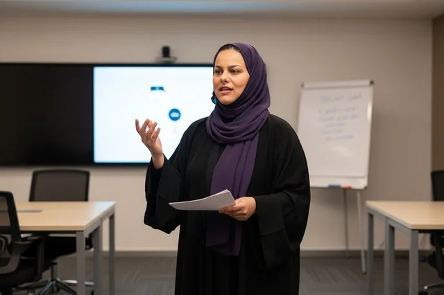 Arab Businesswoman in Hijab Giving Office Presentation