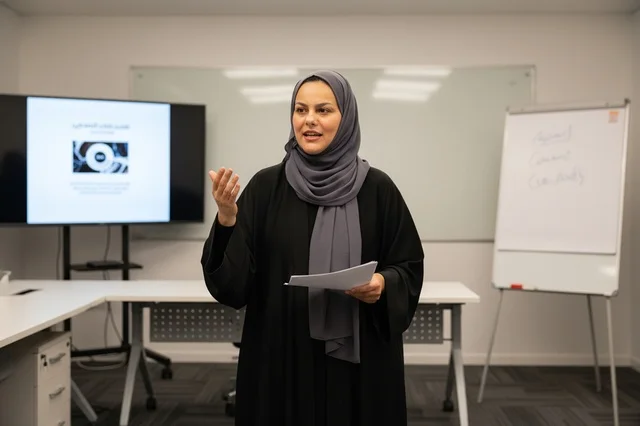 A veiled Arab businesswoman is giving a presentation.