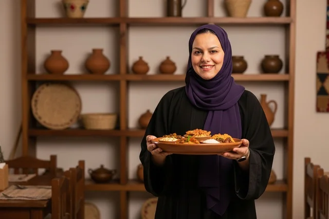Saudi Woman Holding Traditional Food Tray in Restaurant