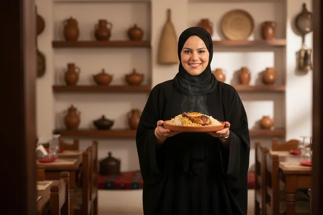 امرأة سعودية تحمل طبق كبسة دجاج تقليدي