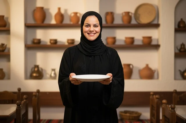 Emirati Woman in Abaya Holding Empty Plate in Heritage Room