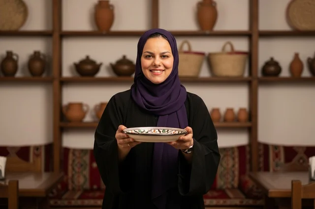 Emirati Woman in Abaya Holding Traditional Plate
