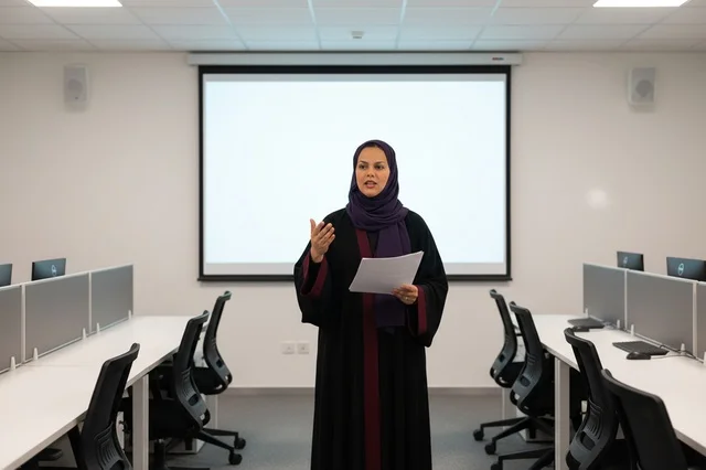 امرأة سعودية تقدم عرضاً في مختبر حاسوب حديث امرأة سعودية تقدم عرضاً في مختبر حاسوب حديث