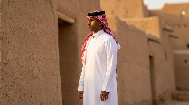 رجل سعودي بالزي التقليدي في موقع تراثي