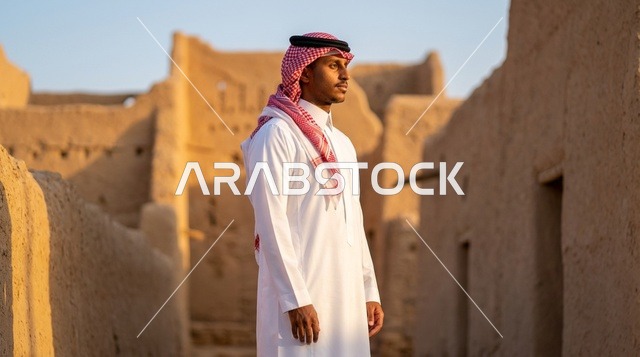 رجل سعودي بالزي التقليدي في قرية تراثية طينية