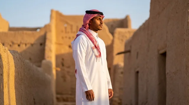 Saudi Man in Traditional Thobe at Historical Mud Village Saudi Man in Traditional Thobe at Historical Mud Village
