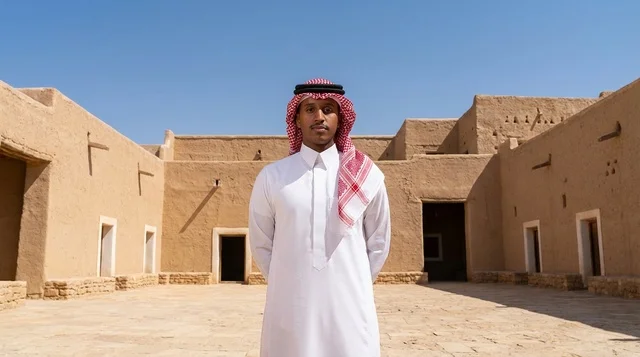 رجل سعودي بالزي التقليدي في موقع تراثي طيني