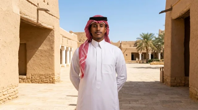 Saudi Man in Traditional Dress at Mud Brick Heritage Site